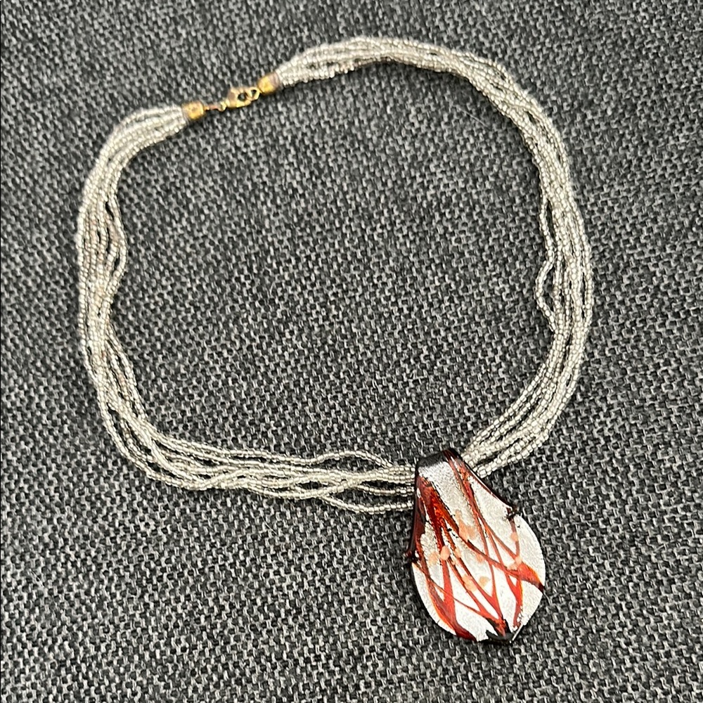 Elegant Silver Beads and Terra-cotta Pendant Necklace. Used.